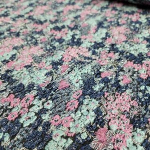 Fabric By The Yard Navy Blue Brocade Jacquard Textured Pink Mint Floral Flower
