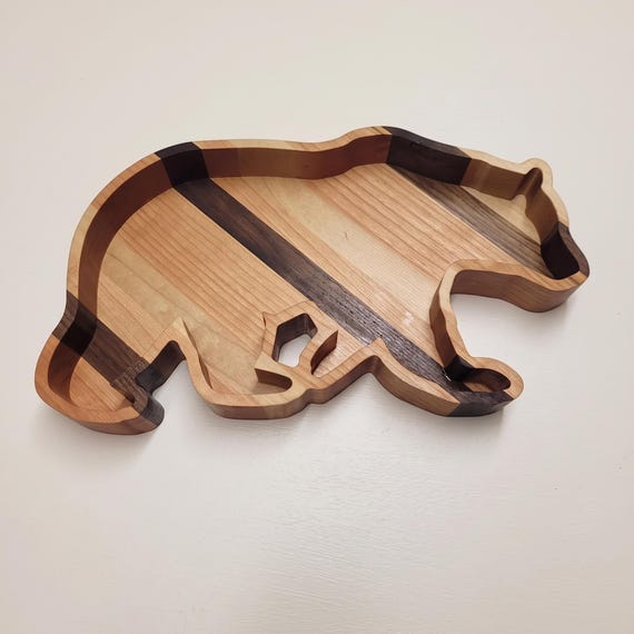 Bear Catchall Tray Wooden Valet Dish Cherry Wood Anniversary Birthday Gift California Lover Woodland Cabin Storage Organizer Men Rustic