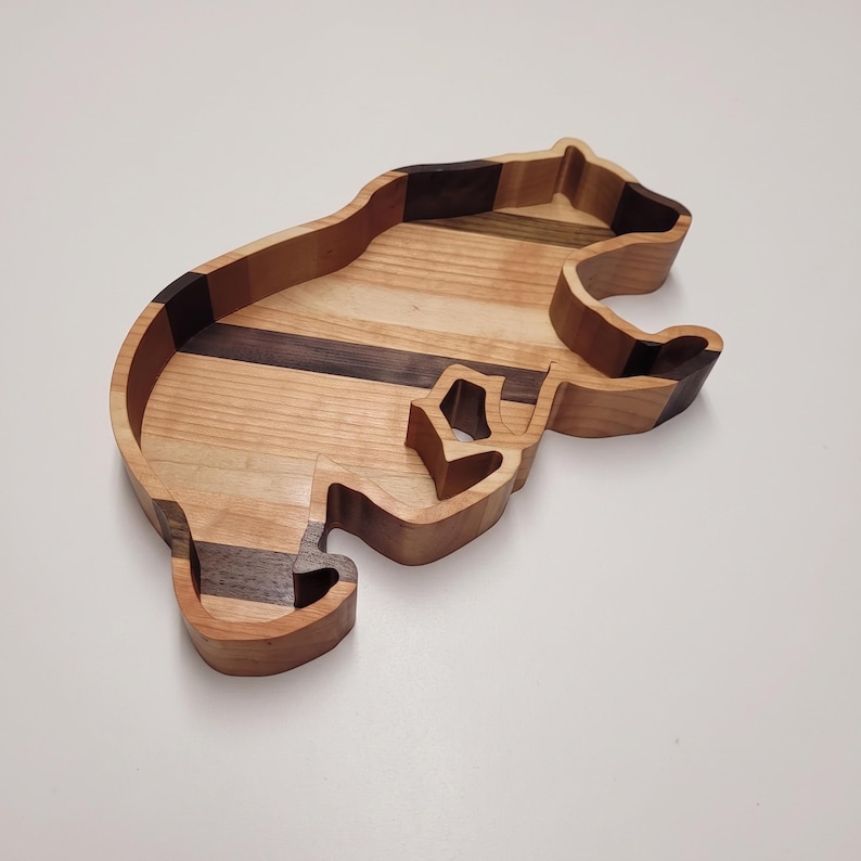 Bear Enthusiast Wooden Tray Cherry Wood Catchall Valet Dish Storage Organizer Rustic Cabin Gift Men Anniversary Birthday Present Handcrafted Holder Wildlife Theme Nature Lover Woodland Style Entryway Bedroom Keys Wallet Phone Masculine