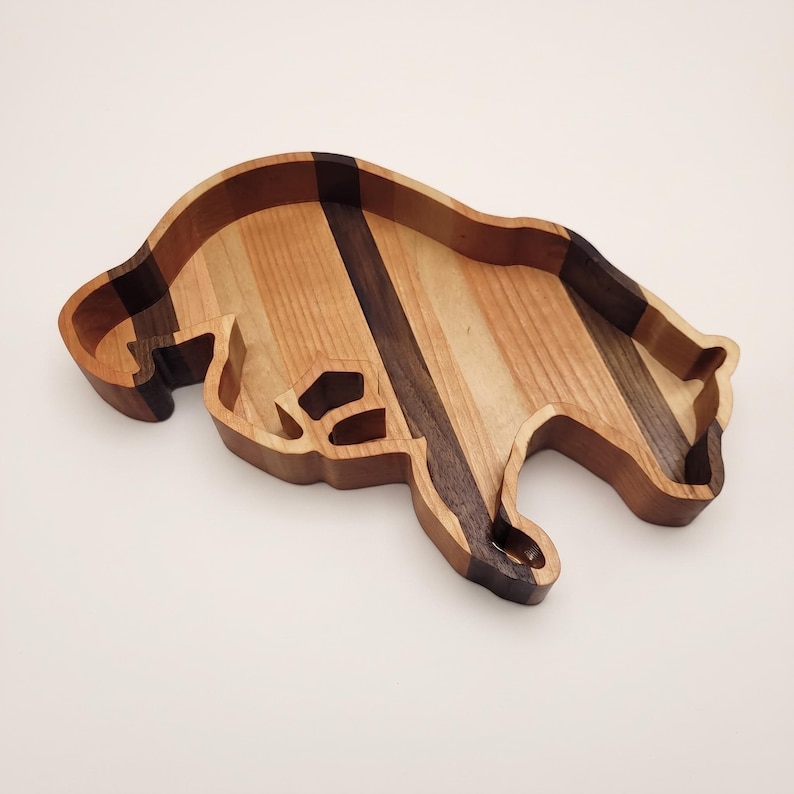 Handcrafted Cherry Wood Bear Tray Wooden Valet Dish Rustic Catchall Organizer Storage Holder Men Gift Anniversary Birthday Present Cabin Style Entryway Bedroom Keys Wallet Phone Organizer Masculine Design Wildlife Theme Nature Enthusiast