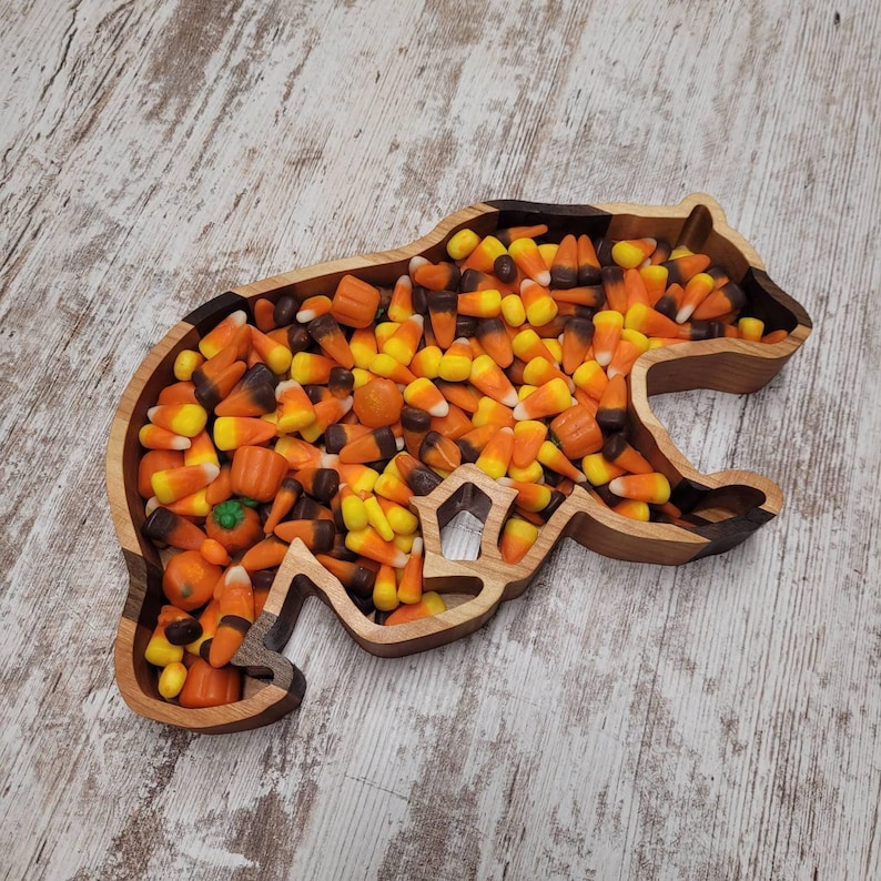 Wooden Storage Organizer Bear Catchall Tray Cherry Wood Valet Dish Rustic Cabin Style Gift Men Anniversary Birthday Present Handcrafted Holder Entryway Bedroom Keys Wallet Phone Masculine Design Wildlife Theme Nature Lover Woodland
