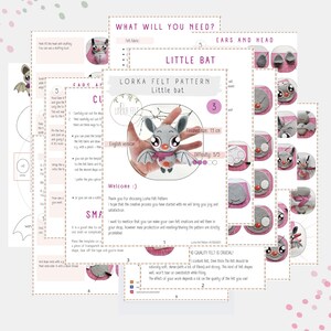 K&ouml;nnte beinhalten: Ein Filz-Muster zum N&auml;hen einer kleinen Fledermaus. Das Muster enth&auml;lt Anleitungen und Diagramme zum N&auml;hen der Ohren, des Kopfes und des K&ouml;rpers der Fledermaus. Die fertige Fledermaus ist etwa 13 cm gro&szlig;. Das Muster ist in englischer Sprache und enth&auml;lt den Text "Lorka Felt Pattern".