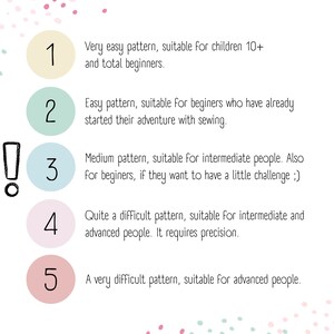 K&ouml;nnte beinhalten: Eine Tabelle mit f&uuml;nf nummerierten Kreisen, jeder in einer anderen Farbe, und Text, der den Schwierigkeitsgrad von N&auml;hmustern beschreibt. Kreis 1 ist gelb, Kreis 2 ist gr&uuml;n, Kreis 3 ist blau, Kreis 4 ist rosa und Kreis 5 ist rot. Der Text beschreibt den Schwierigkeitsgrad jedes Musters, von sehr einfach bis sehr schwierig.