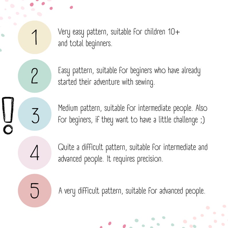 K&ouml;nnte beinhalten: Eine Tabelle mit f&uuml;nf nummerierten Kreisen, jeder in einer anderen Farbe, und Text, der den Schwierigkeitsgrad von N&auml;hmustern beschreibt. Kreis 1 ist gelb, Kreis 2 ist gr&uuml;n, Kreis 3 ist blau, Kreis 4 ist rosa und Kreis 5 ist rot. Der Text beschreibt den Schwierigkeitsgrad jedes Musters, von sehr einfach bis sehr schwierig.