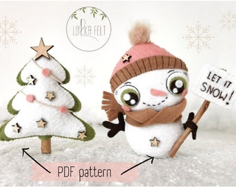 Snowman and Christmas tree pattern, pdf pattern, felt pattern, diy pattern, Christmas pattern, felt Snowman, felt christmas tree