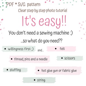 K&ouml;nnte beinhalten: Eine rosa und gr&uuml;ne Grafik mit dem Text "It's easy!!" und einer Liste der Materialien, die f&uuml;r ein Bastelprojekt ben&ouml;tigt werden. Die Materialien umfassen Filz, Schere, Garn, Stecknadeln, eine Nadel, F&uuml;llmaterial, Hei&szlig;kleber oder Stoffkleber und Schnur.