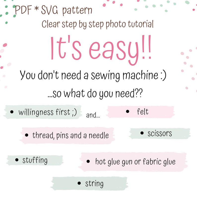 K&ouml;nnte beinhalten: Eine rosa und gr&uuml;ne Grafik mit dem Text "It's easy!!" und einer Liste der Materialien, die f&uuml;r ein Bastelprojekt ben&ouml;tigt werden. Die Materialien umfassen Filz, Schere, Garn, Stecknadeln, eine Nadel, F&uuml;llmaterial, Hei&szlig;kleber oder Stoffkleber und Schnur.