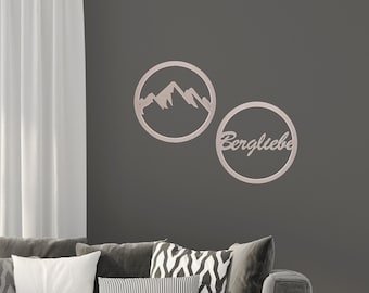 Mountain Love 3D Decorative Wall Art, Round Set, Lettering and Mountain, Natural Wood Decorative Item, Ø 39 cm each, Pohmer Design