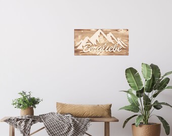 Wall art lettering "Mountain Love" on a board, 3D decoration, flamed natural wood, decorative item, 58 x 28 cm, Pohmer Design