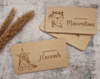 Personalized breakfast board - Crumbs here | Gift for birth, christening or birthday | Wooden board | 22.5 x 12.5 cm | Pohmer Design
