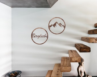 Bergliebe 3D-Deko wall picture flamed round in set lettering and mountain natural wood decoration item Ø each 39 cm Pohmer Design