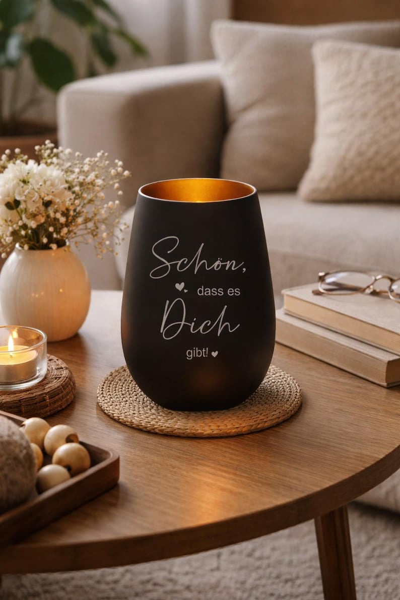 May include: A black candle holder with a gold interior, featuring the text "Sch&ouml;n, dass es Dich gibt!" in white script. The candle holder sits on a woven coaster on a wooden table, with a vase of white flowers in the background.