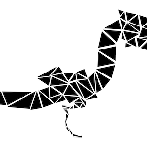 Puede incluir: Ilustración geométrica en blanco y negro de un dragón estilizado con una cola larga y una cabeza con un hocico afilado.