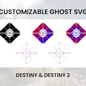 May include: Five different versions of a customizable Ghost SVG from the video game Destiny. The Ghost is a small, diamond-shaped robot with a central eye. The versions include black, white, red, blue, and a gradient of red and blue.