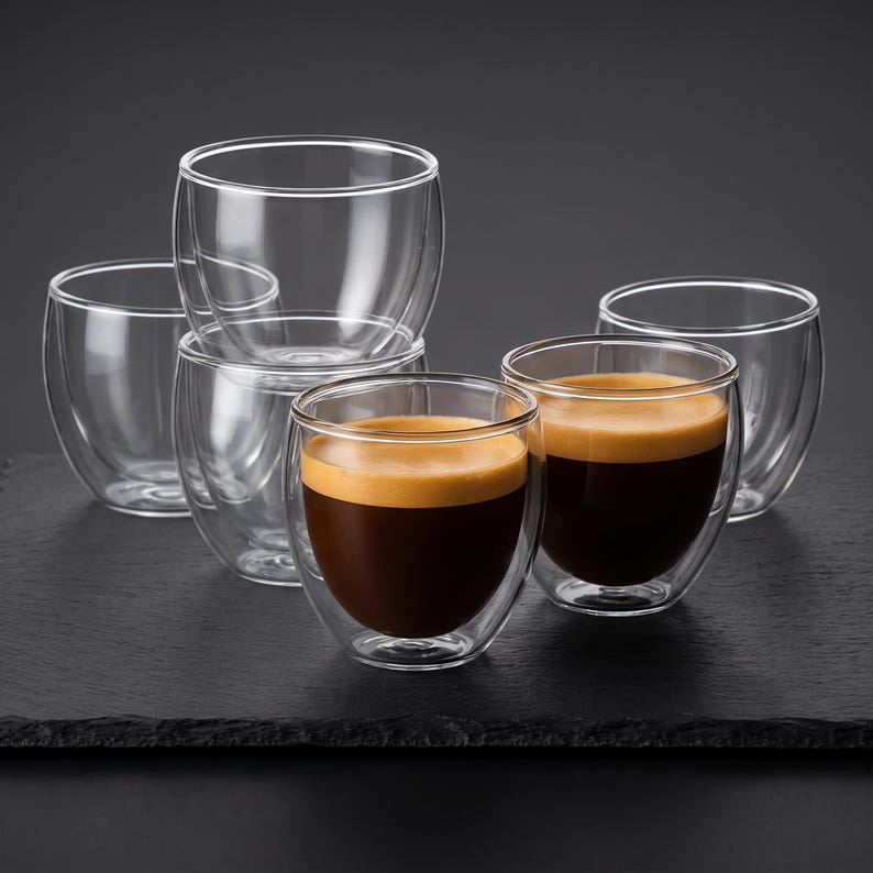 Set of clear double-wall glass espresso cups arranged on a dark stone surface, with two cups filled with espresso showing golden crema and empty matching cups behind them.
