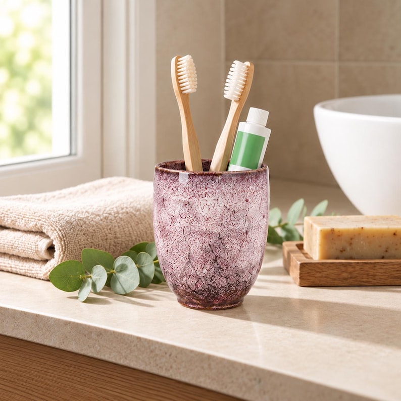 Pode incluir: Um copo cil&iacute;ndrico de cer&acirc;mica com acabamento esmaltado salpicado em roxo e branco. O copo cont&eacute;m duas escovas de dentes de bambu com cerdas brancas e um pequeno tubo de pasta de dentes branco com um r&oacute;tulo verde liso na parte frontal.