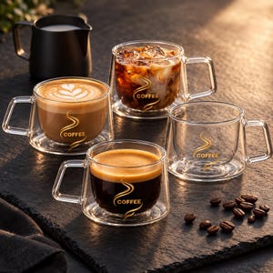 Op de afbeelding: Een set van vier dubbelwandige glazen mokken met vierkante oren, elk voorzien van een gouden afbeelding van een wervelend stoomspoor en het woord COFFEE. Drie mokken bevatten verschillende koffiedranken, één is leeg, vergezeld door koffiebonen.