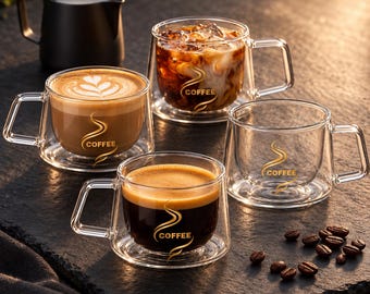 May include: A set of four clear double-walled glass mugs with square handles, each featuring a gold-colored graphic of a swirling steam trail and the word COFFEE. Three mugs contain different coffee beverages, while one is empty, alongside coffee beans.