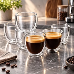 May include: A set of clear double-walled glass cups, some empty and some filled with dark espresso topped with a golden crema. The cups feature a rounded, handleless design that showcases the layered construction of the glass walls.