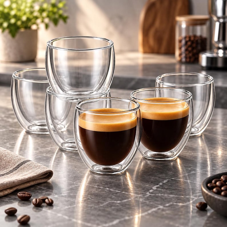 May include: A set of clear double-walled glass cups, some empty and some filled with dark espresso topped with a golden crema. The cups feature a rounded, handleless design that showcases the layered construction of the glass walls.