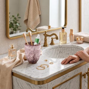 Pode incluir: Um copo de cer&acirc;mica malva salpicado contendo duas escovas de dentes de madeira e um tubo de pasta de dentes branco, colocado sobre uma bancada de m&aacute;rmore branco com detalhes dourados, junto a um frasco de perfume, an&eacute;is e cremes.