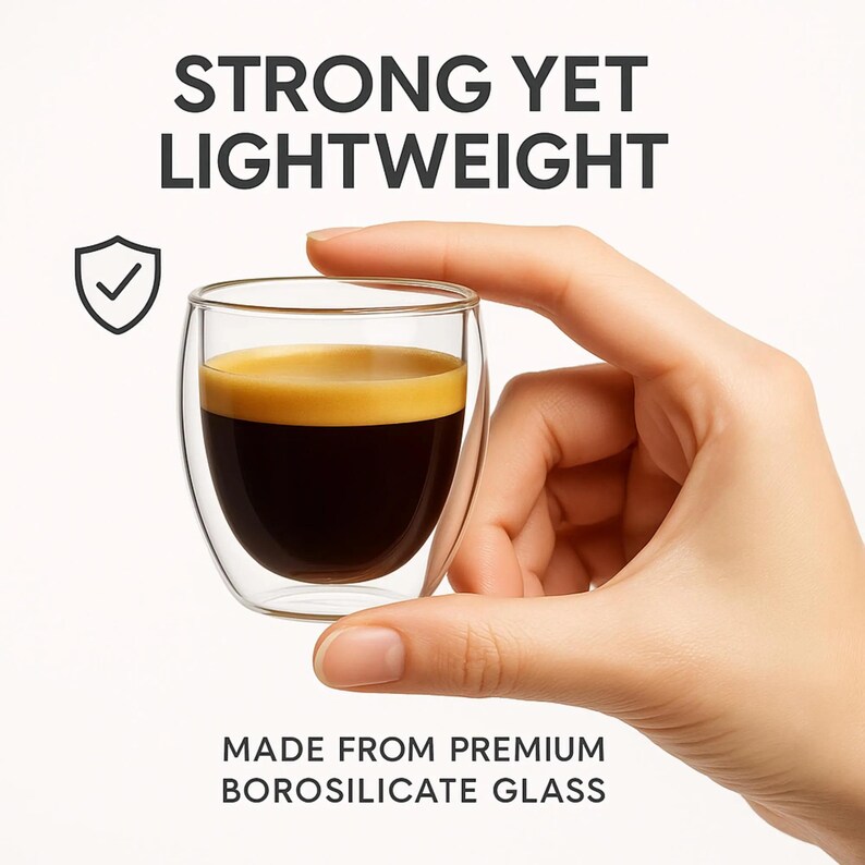 May include: A clear double-walled glass cup filled with dark espresso topped with golden crema. The text reads STRONG YET LIGHTWEIGHT and MADE FROM PREMIUM BOROSILICATE GLASS, accompanied by a shield icon with a checkmark inside.