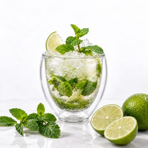 May include: A double-walled glass filled with a mojito cocktail containing crushed ice, fresh green mint leaves, and a lime wedge garnish. Beside the glass are two lime halves and a whole lime, along with several fresh green mint sprigs.