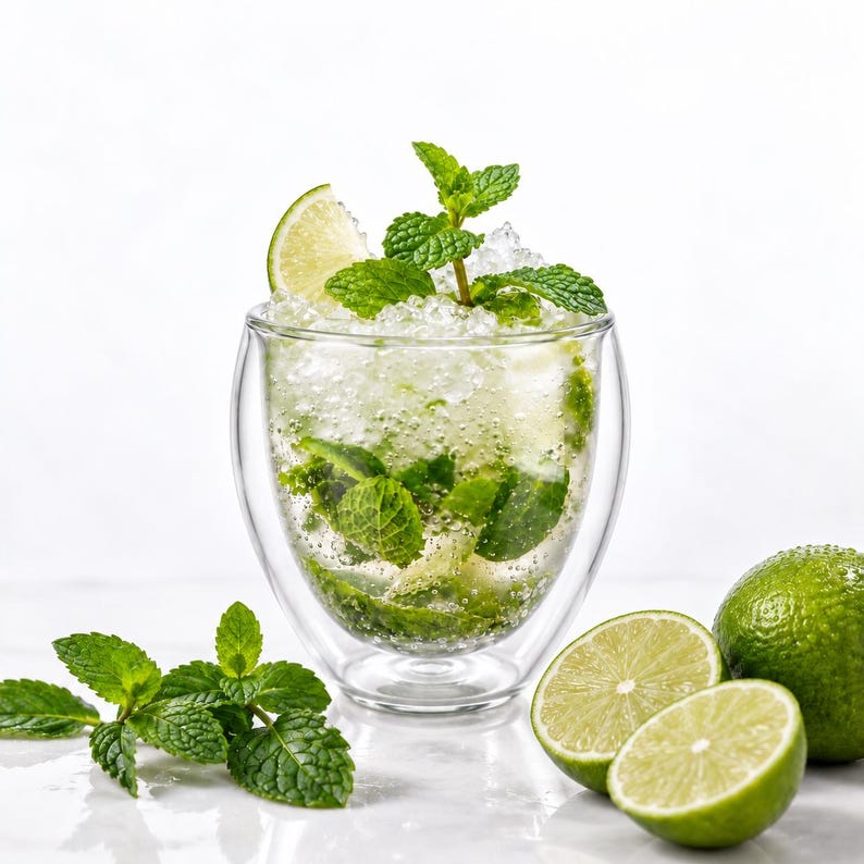 May include: A double-walled glass filled with a mojito cocktail containing crushed ice, fresh green mint leaves, and a lime wedge garnish. Beside the glass are two lime halves and a whole lime, along with several fresh green mint sprigs.