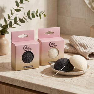 Pode incluir: Duas caixas retangulares com degradê rosa e bege rotuladas como Art Olo Konjac Sponge, cada uma com um recorte circular exibindo uma esponja redonda. Uma esponja é preta e a outra é branca. Uma esponja preta e uma branca com cordões brancos estão sobre um prato pequeno.