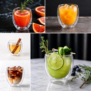 May include: A collection of clear double-walled glass tumblers shown in various settings. The glasses contain diverse beverages including orange juice with ice, iced coffee with milk, tea with cinnamon sticks, and green cocktails garnished with lime.