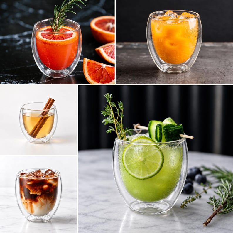 May include: A collection of clear double-walled glass tumblers shown in various settings. The glasses contain diverse beverages including orange juice with ice, iced coffee with milk, tea with cinnamon sticks, and green cocktails garnished with lime.