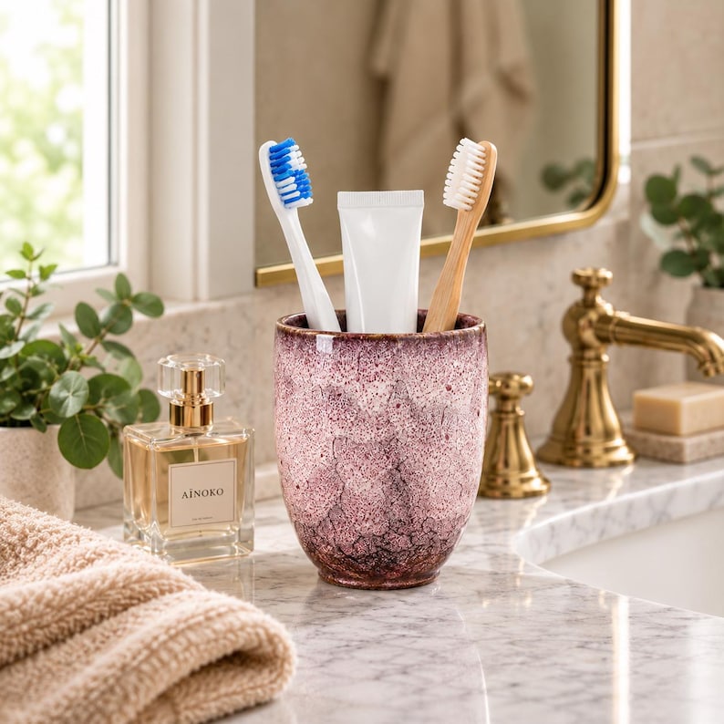 Pode incluir: Um suporte cil&iacute;ndrico de cer&acirc;mica para escovas de dentes com um esmalte salpicado em roxo e branco. Cont&eacute;m uma escova de dentes de pl&aacute;stico branca com cerdas azuis, um tubo de pasta de dentes branco e uma escova de madeira com cerdas brancas.