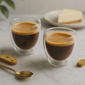 Puede incluir: Dos tazas de cristal de doble pared llenas de espresso marrón oscuro cubierto con una espesa crema dorada. Las tazas están dispuestas sobre una superficie de mármol blanco junto a una cuchara de metal dorado y dos galletas crujientes claras.