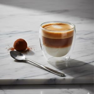 May include: A clear double-walled glass cup filled with a layered coffee beverage featuring white milk, dark brown espresso, and a light brown foam top, accompanied by a single round chocolate truffle and a polished silver metal spoon.
