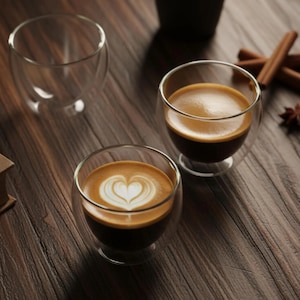 May include: Three clear double-walled glass cups. One cup is empty, one contains dark espresso, and the third contains espresso with a white heart-shaped latte art design. Cinnamon sticks are placed near the filled glass cups.