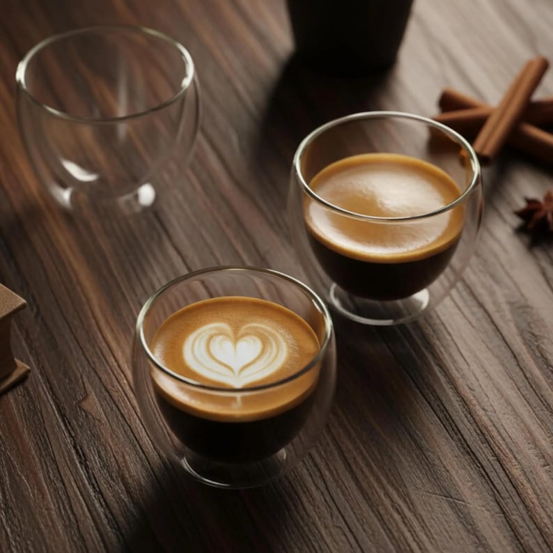 May include: Three clear double-walled glass cups. One cup is empty, one contains dark espresso, and the third contains espresso with a white heart-shaped latte art design. Cinnamon sticks are placed near the filled glass cups.