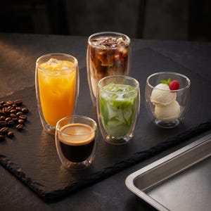 Pode incluir: Um conjunto de cinco copos transparentes de parede dupla de vários tamanhos. Os copos contêm sumo de laranja com gelo, café gelado, um latte de matcha verde, um pequeno expresso escuro e duas bolas de gelado de baunilha com uma framboesa.