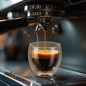 May include: A clear double-walled glass cup sits beneath a chrome espresso machine portafilter. Two thin streams of dark brown espresso pour into the cup, which contains a layer of dark liquid topped with a thick, golden-brown crema layer.