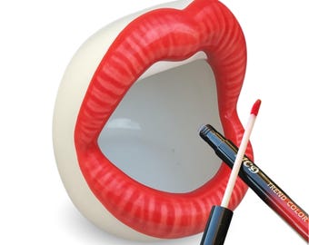Handpainted Ceramic Lip Shaped Vanity Organizer, Makeup Brush Cup, Optional Lip Gloss