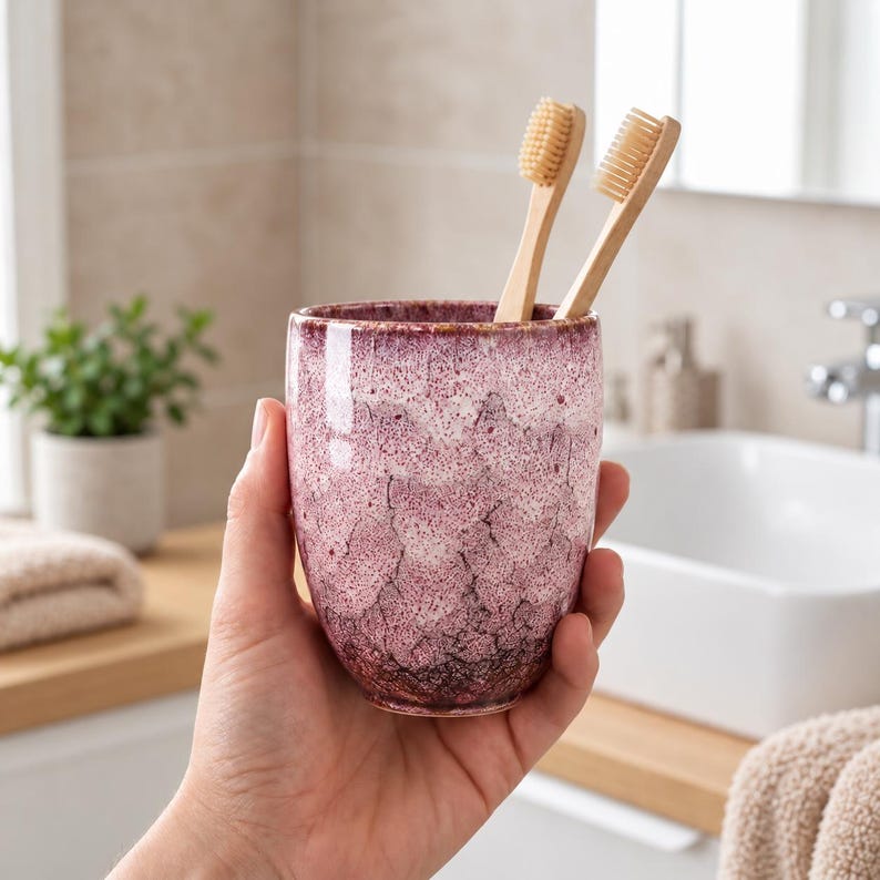 Pode incluir: Um copo cil&iacute;ndrico de cer&acirc;mica com acabamento salpicado e manchado em tons de magenta profundo, roxo e branco. A pe&ccedil;a apresenta uma textura de esmalte craquelado e cont&eacute;m duas escovas de dentes de madeira clara com cerdas macias.