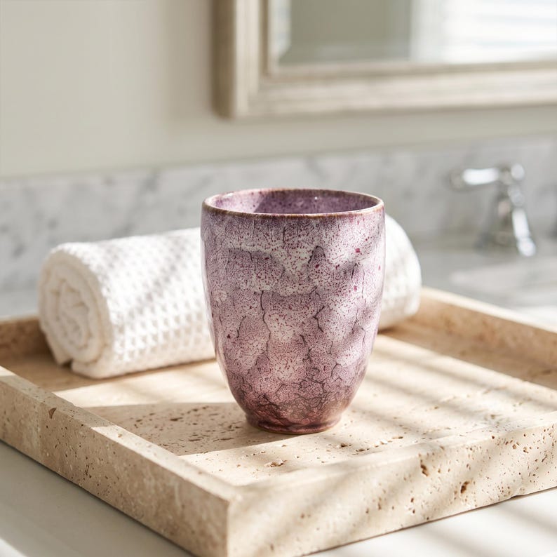 Pode incluir: Um copo cil&iacute;ndrico de cer&acirc;mica com um esmalte salpicado em tons de roxo profundo e branco. O recipiente tem uma forma lisa e ligeiramente c&oacute;nica com um acabamento texturado e irregular que cobre toda a sua superf&iacute;cie exterior.