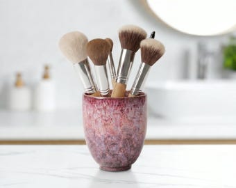 Makeup Brush Holder, Rose Red Marbled Ceramic Vanity Organizer Cup, Glossy Beauty Tool Storage
