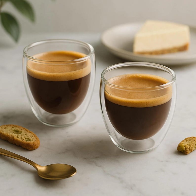 May include: Two clear double-walled glass cups filled with dark espresso topped with a golden-brown crema. A gold-toned metal spoon lies nearby, accompanied by two small, light-colored biscotti pieces, creating a balanced and simple coffee setup.