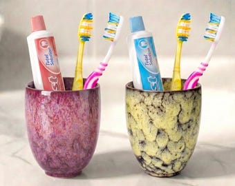 Marbled Glaze Ceramic Toothbrush Holder, Handpainted Glossy Bathroom Tumbler, Vanity Organizer Cup