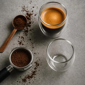 May include: Two clear double-walled glass espresso cups, one filled with dark coffee topped with golden crema, alongside a copper-colored measuring scoop and a metal portafilter basket, both containing dark brown ground coffee beans.
