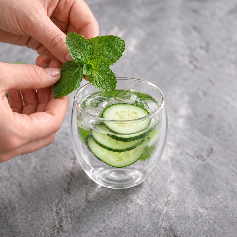 May include: A clear double-walled glass tumbler filled with ice, water, and several thin, round slices of green cucumber. A fresh sprig of bright green mint leaves is positioned above the glass, adding a vibrant herbal element to the drink.