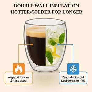 May include: A clear double-walled glass cup featuring text that reads DOUBLE WALL INSULATION HOTTER/COLDER FOR LONGER. The left side shows dark coffee, while the right side shows a cold drink with ice, lemon slices, and mint leaves inside the glass.