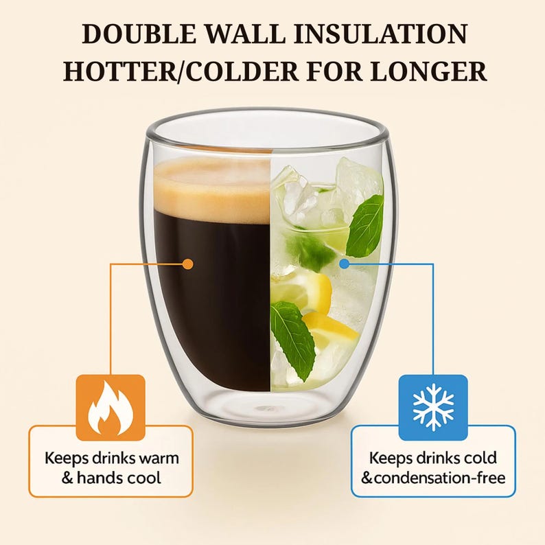 May include: A clear double-walled glass cup featuring text that reads DOUBLE WALL INSULATION HOTTER/COLDER FOR LONGER. The left side shows dark coffee, while the right side shows a cold drink with ice, lemon slices, and mint leaves inside the glass.