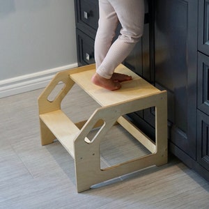 Step Stool, Toddler and Kids Wooden Montessori Helper Stool, Washroom Stool, Two Step Kitchen Stool