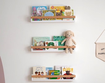 3 Nursery Bookshelves - Red Oak Kids Floating Shelves for Playroom, Wooden Wall Storage for Kids Room Decor, Gift Ideas for Toddlers & Kids